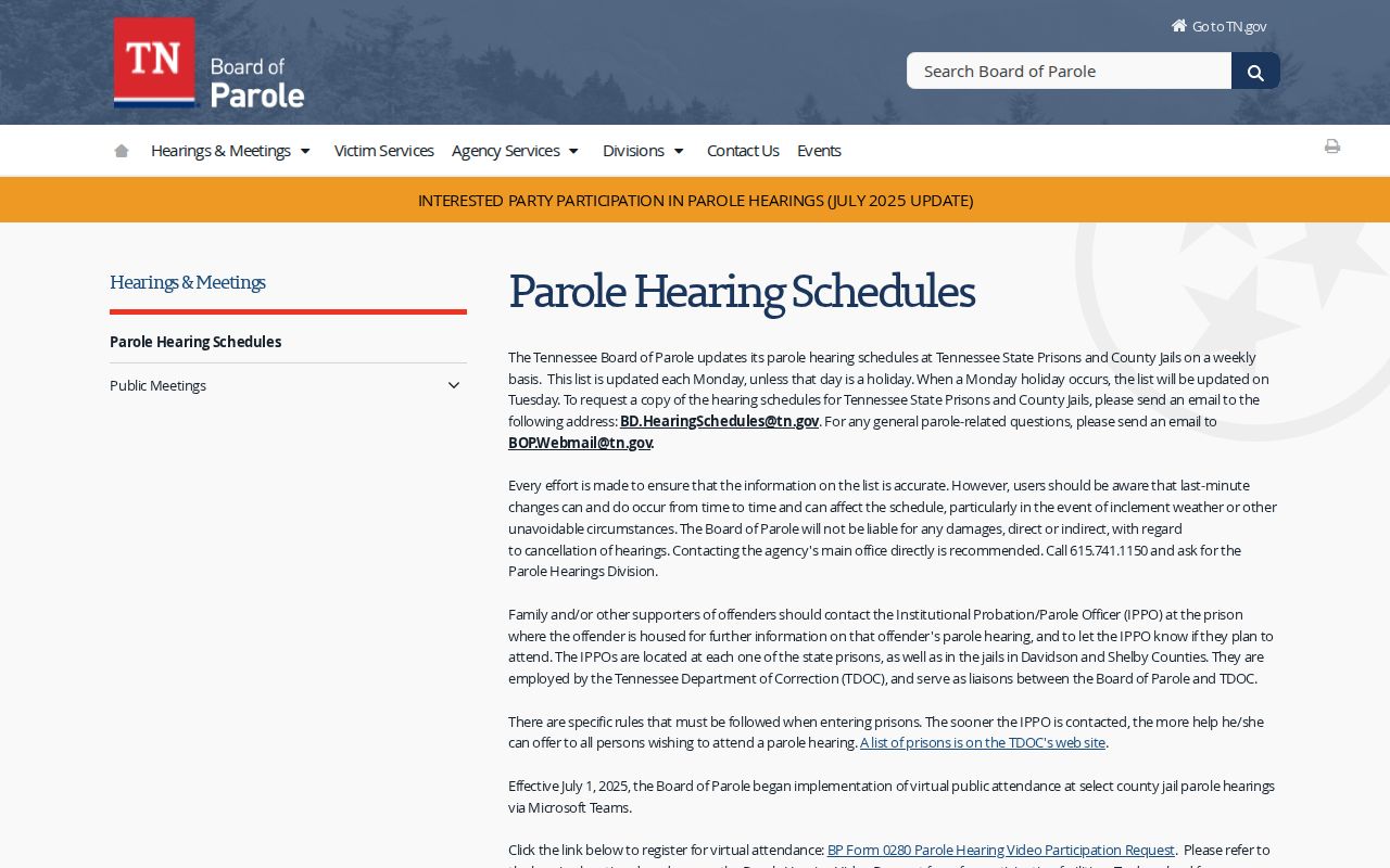 Dickson County parole release hearing schedule from the Tennessee Board of Parole